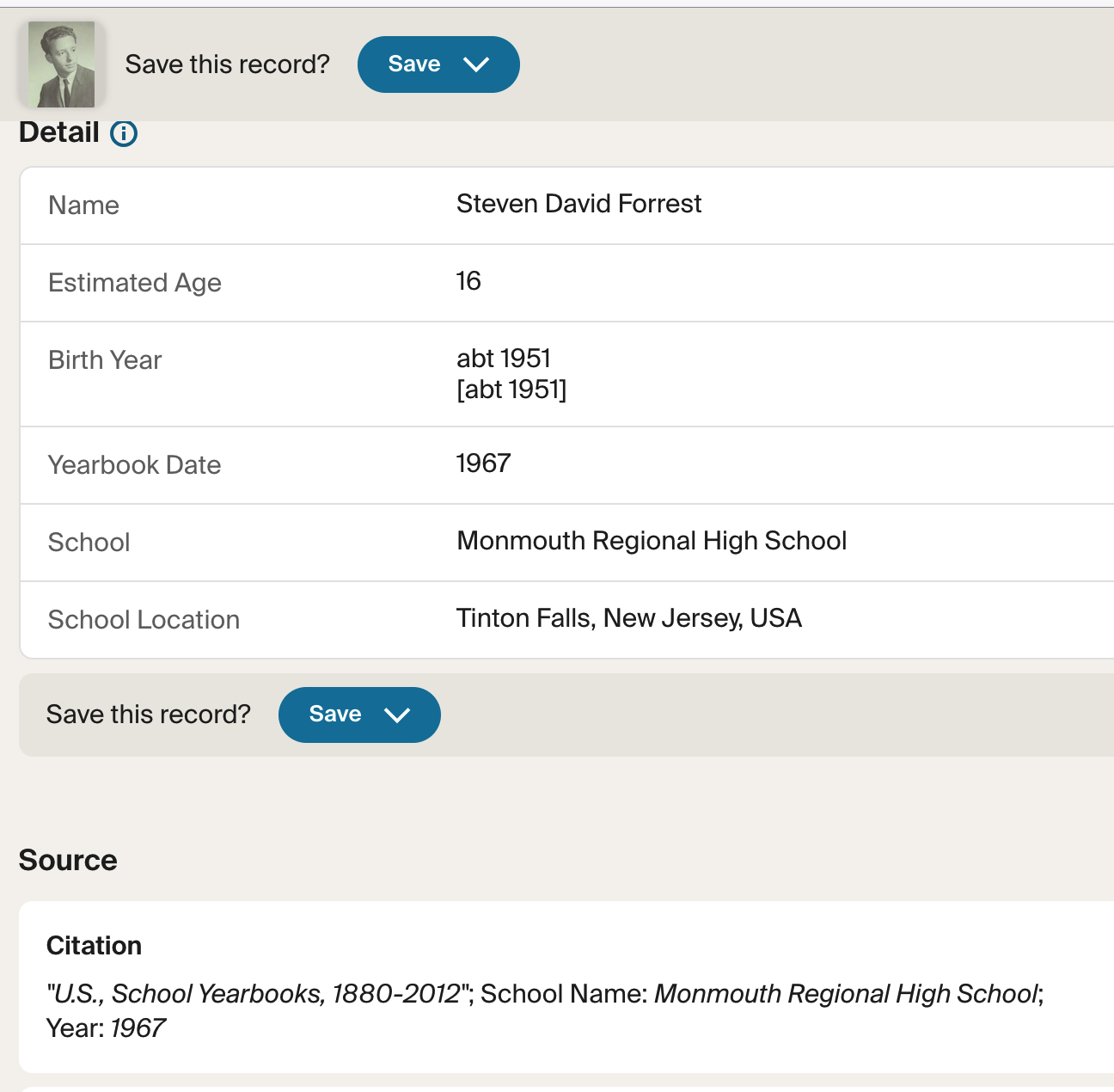 Ancestry record for Steven David Forrest at Monmouth Regional High School
