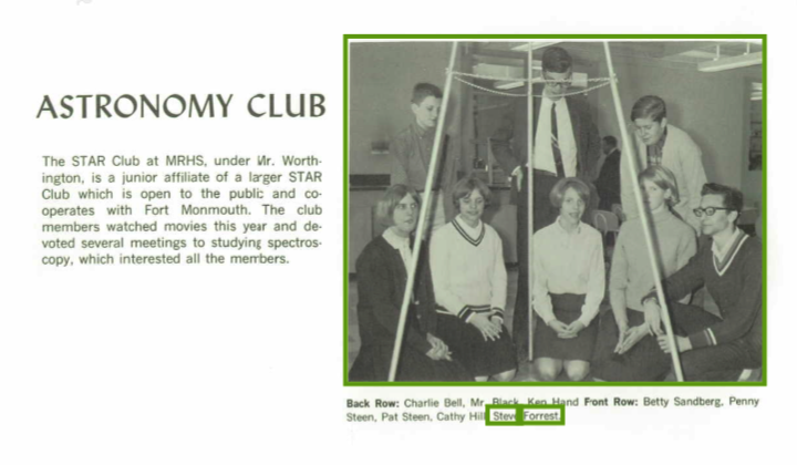 Astronomy Club yearbook page naming Steve Forrest